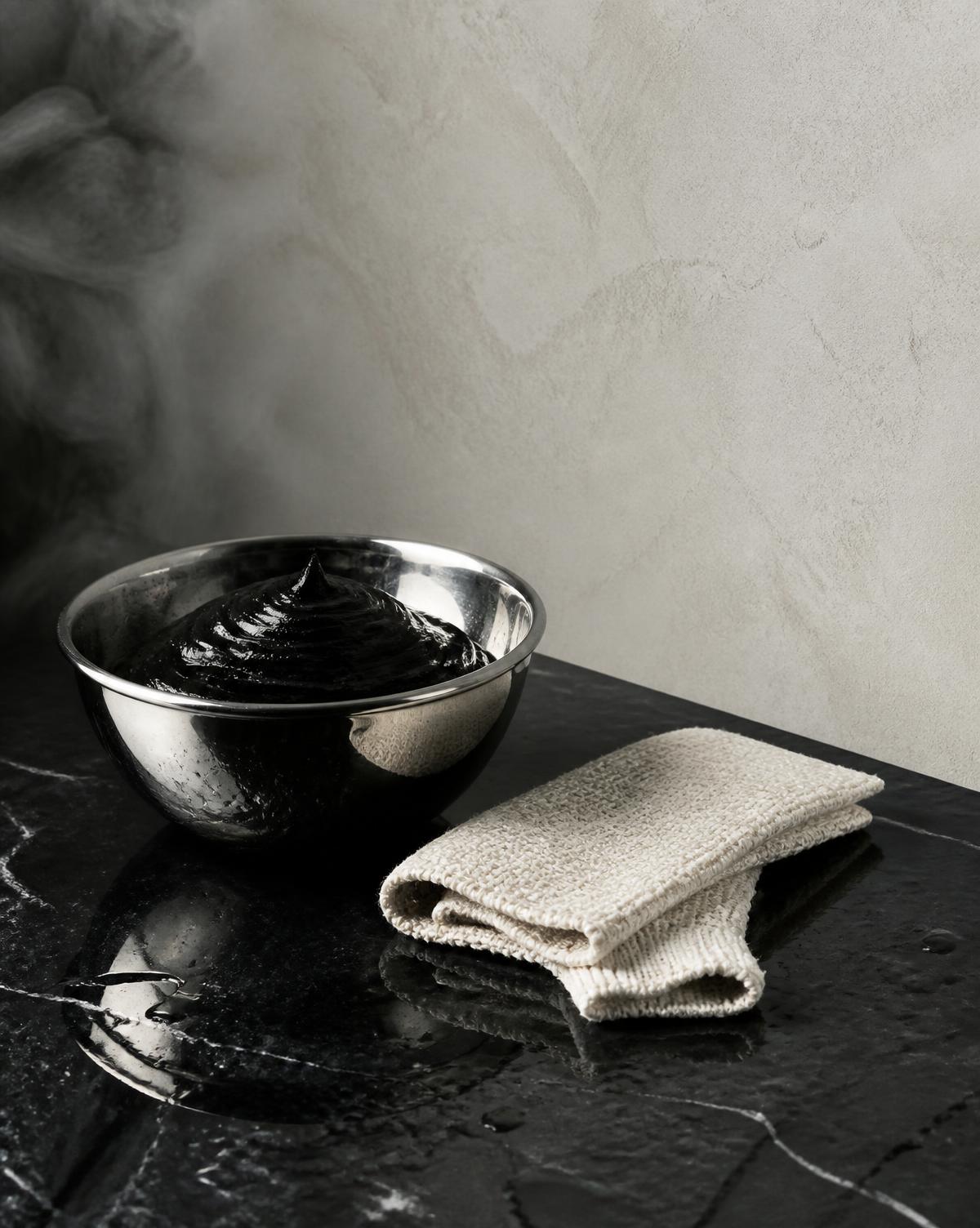Beldi black soap in a chrome bowl beside a kessa glove on wet black stone