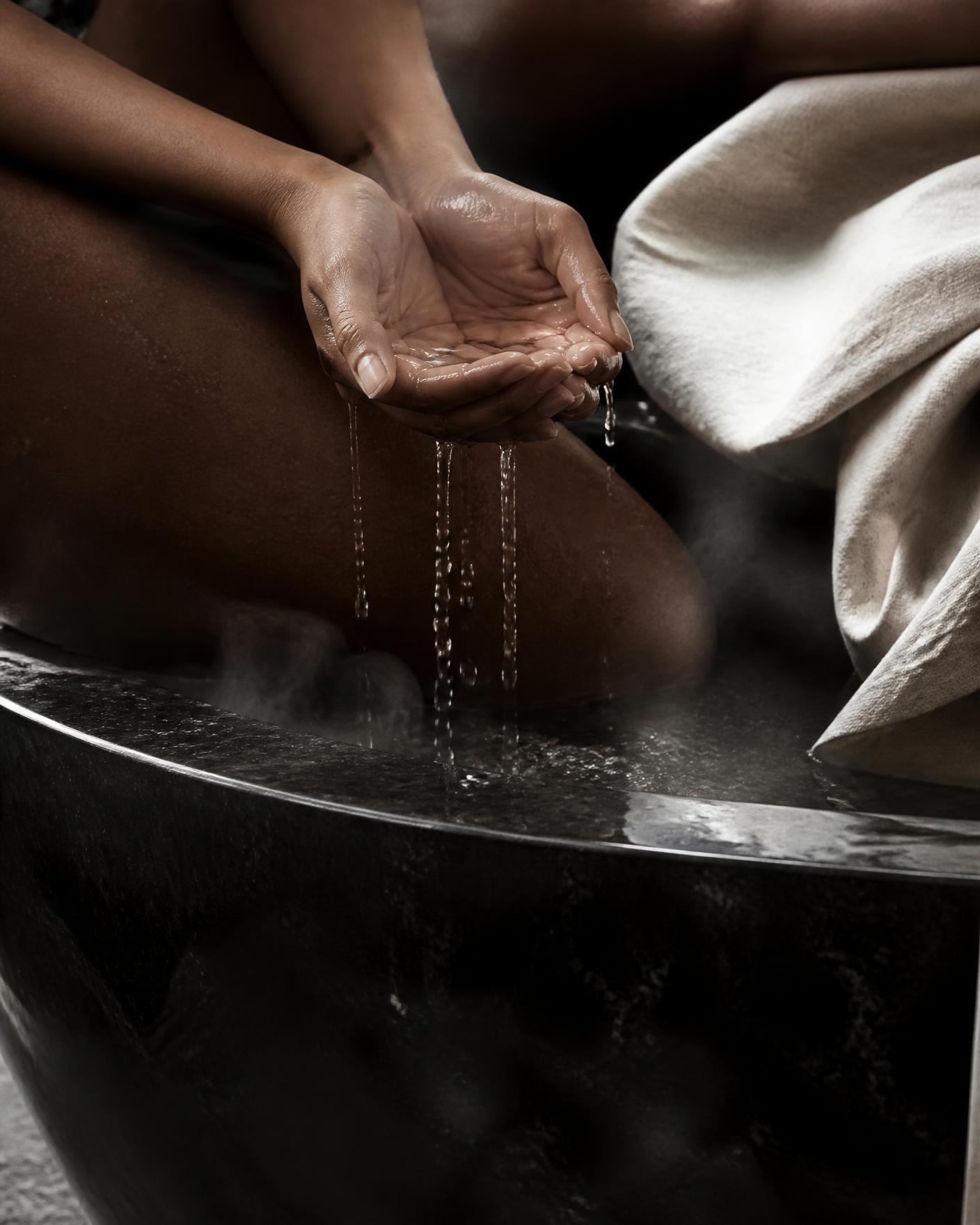 Hands lifting water above a black stone basin in steam