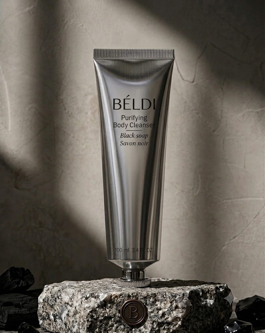 BÉLDI Savon Noir — Purifying Body Cleanser in a brushed chrome tube
